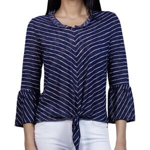 Coin 1804 Womens Blouse Sz Medium Striped Bell Sleeve Tie Front V Neck Ruffle